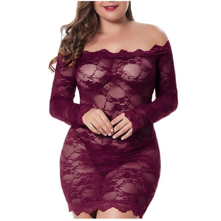 

OVTICZA Women s Off the Shoulder Long Sleeve Eyelash Lace Chemise Nightgown Sexy Teddy Lingerie Sleepwear L Hot Pink