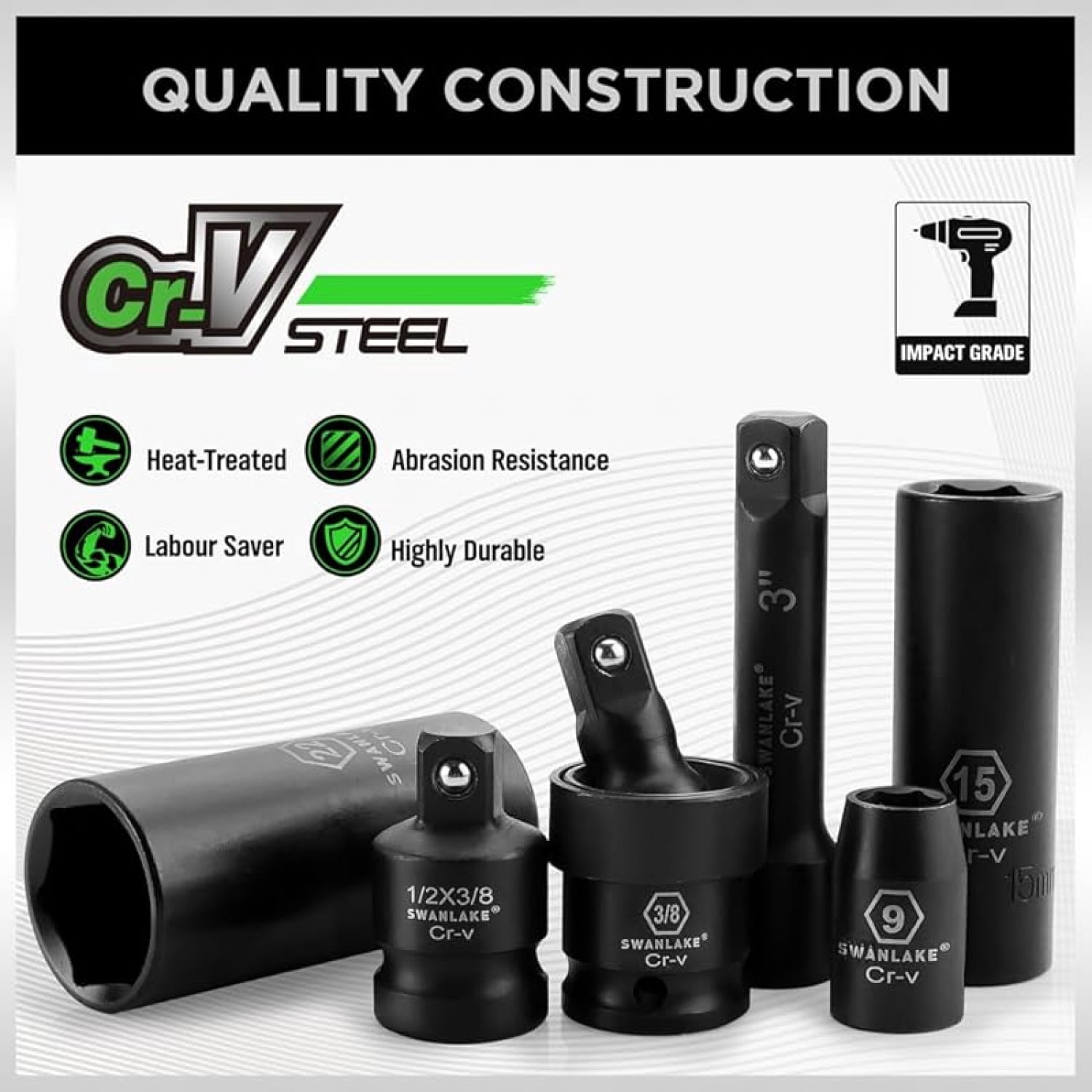 3/8" Drive Impact Socket Set, 50-Piece Standard SAE (5/16 to 3/4 inch) and Metric (8-22mm) Size, 6 Point, Cr-V, 3/8-Inch Ratchet Handle, Extension Bar, Universal Joint