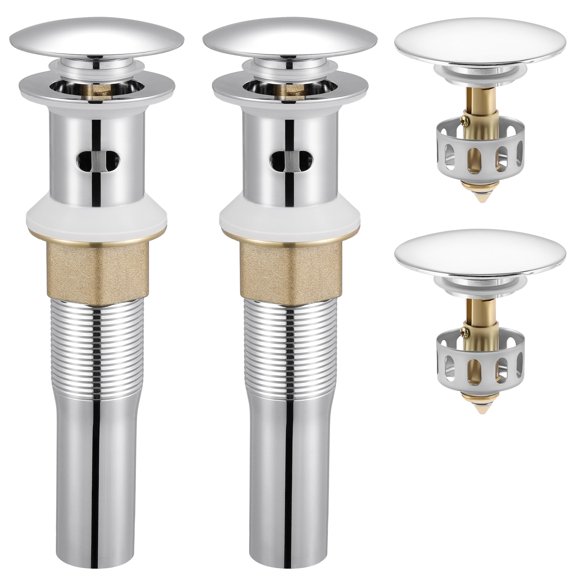 KES Bathroom Sink Drain with Overflow, with Strainer Basket Hair Catcher Anti Clog Pop Up Drain Stopper Vanity Vessel Sink, Polished Chrome