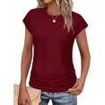 thumbnail image 3 of T-shirts d'Été pour Femmes Froncés à Manches Courtes Style Cap, T-Shirts à Col Rond, Mode Rouge Vin TG, 3 of 6