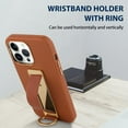 thumbnail image 5 of Designed for iPhone 14 Pro Max Case with Finger Loop Strap Luxury Gold Plating Leather Kickstand Wristand Phone Cover for Women Men-Brown, 5 of 11