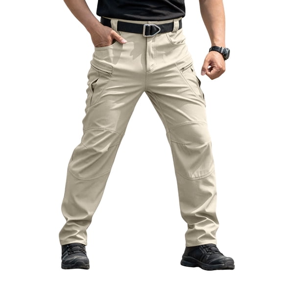 LWavelet Men's Tactical Cargo Pants - Belt Waist Multiple Pockets Durable Fabric Outdoor & Work Utility Pants Khaki S