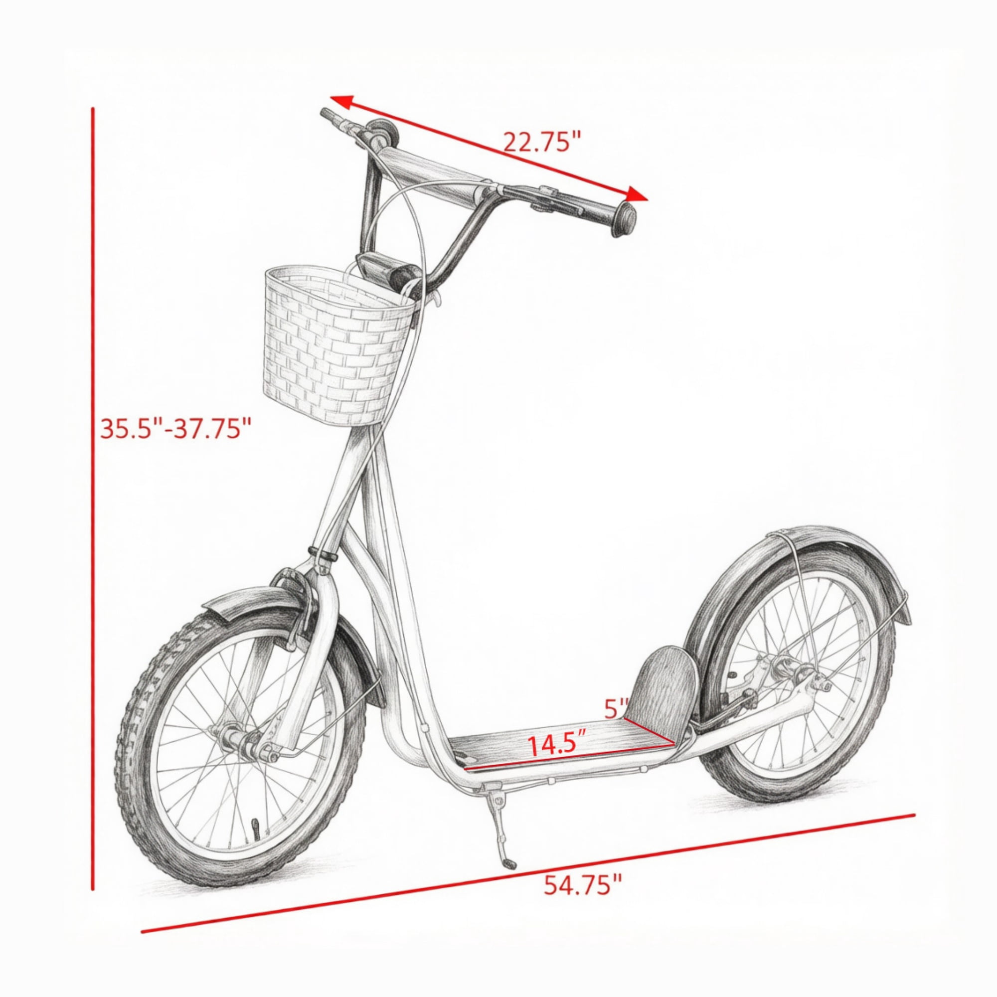 16" Inflatable Youth Scooter, Kick Scooter with Adjustable Handlebars, Double Brakes, Basket and Cupholder, Pink
