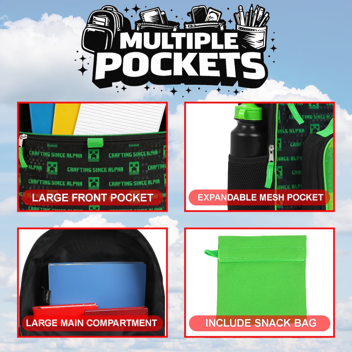 Kids Minecraft Backpack 4-Piece Combo School Supplies