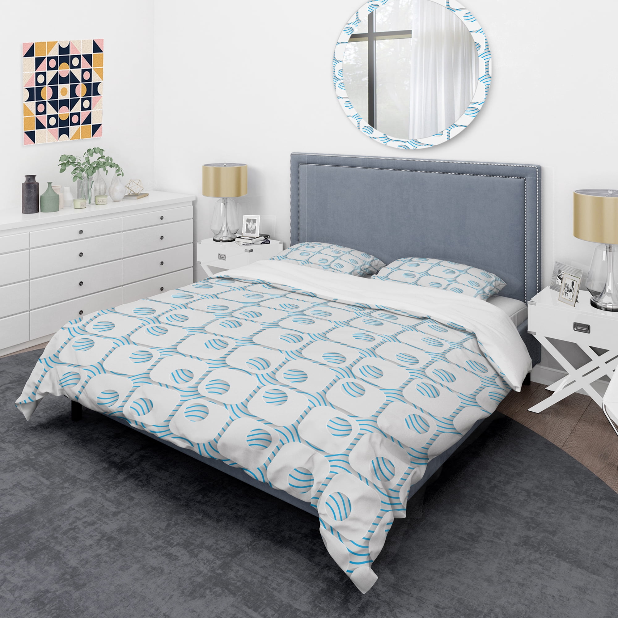 Designart '3D White And Blue Pattern III' Mid-Century Modern Duvet Cover Set