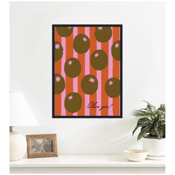 Kate and Laurel Framed Canvas Wall Art Print Olive You Pink Stripes by Lucky Guava, 18 x 24 Sylvie Beaded Black Frame, Whimsical, Abstract Art for Wall Decor