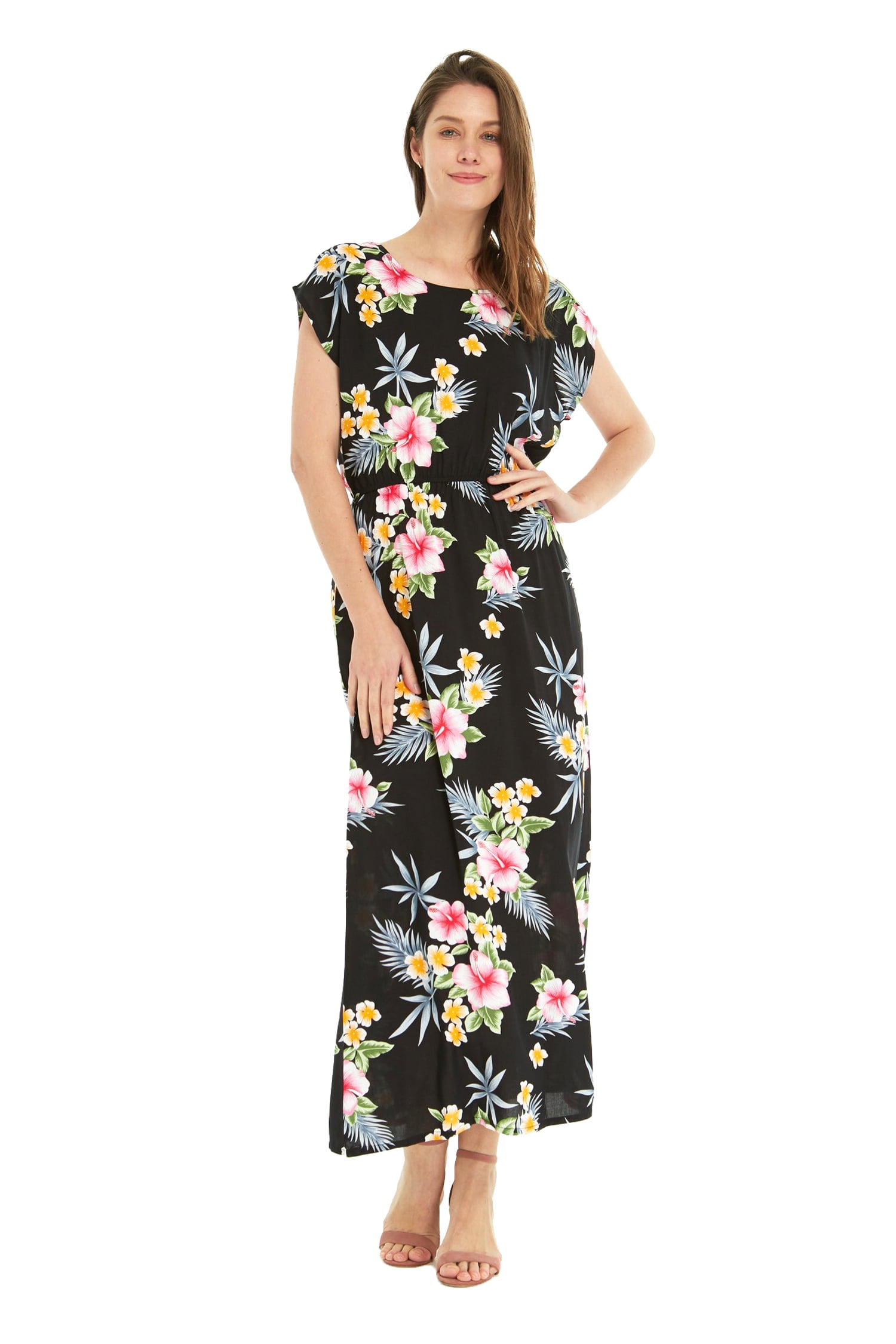 Women's Hawaiian Luau Cap Sleeve Maxi Simple Dress in Hibiscus ...