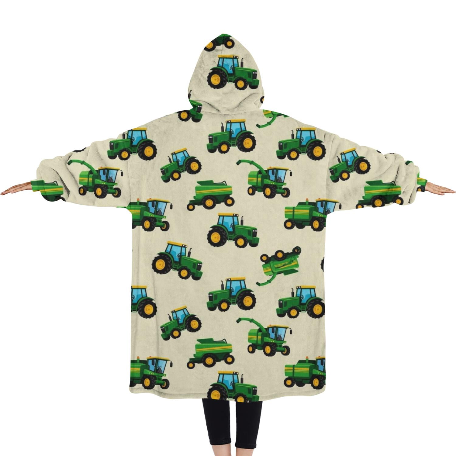 Oversized Wearable Blanket Hoodie,Cartoon Tractors Combines Beige Pattern Sherpa Blanket Hoodie with Super Pockets,Super Warm Fuzzy Pullover for Women & Men