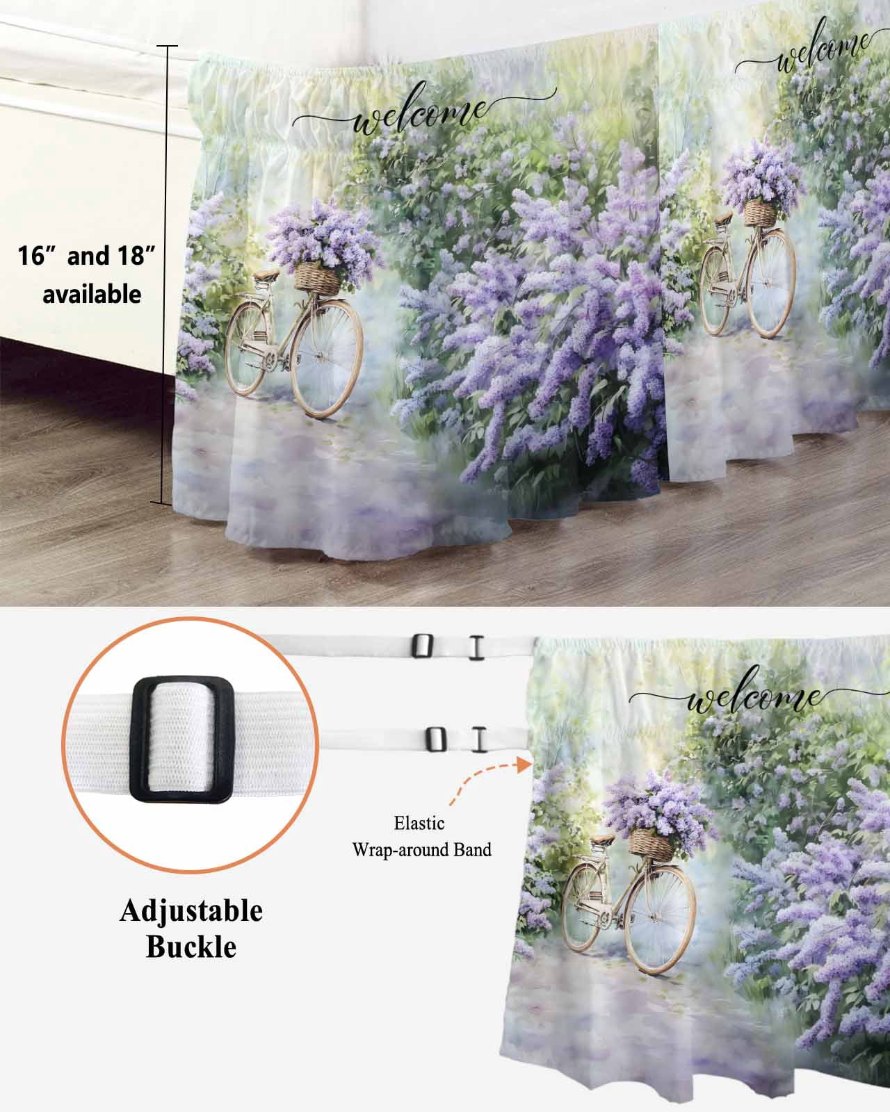 Purple Lavender Wrap Around Bed Skirts for Queen Bed 18" Drop,Bed Skirt with Adjustable Elastic Belt Dust Ruffle Bed Valance for Bedroom Hotel Green Leaves Spring Bike Botanical Bed Frame Cover
