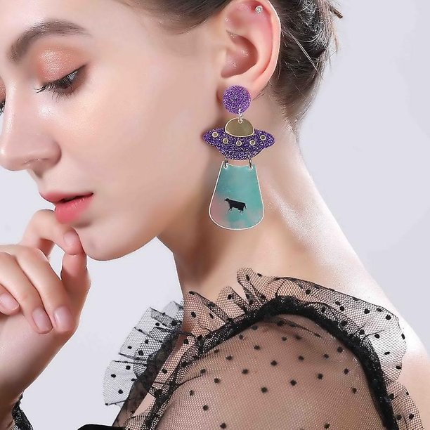 Taian Lindo Ufo Nave espacial Alien Acrílico Pendientes colgantes Divertidos dibujos animados Pendientes Acrílico Ligero Ufo Dirigible Pendientes colgantes para mujeres niñas - Púrpura
