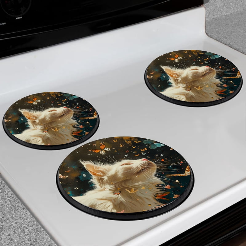 BaHomeck Electric Stove Burner Covers Set of 4,Round Metal Gas Stove Burner Covers 8 Inch and 10 Inch,Kitchen Decor,White Cat Surrounded By Butterflies Of Fantasy Art