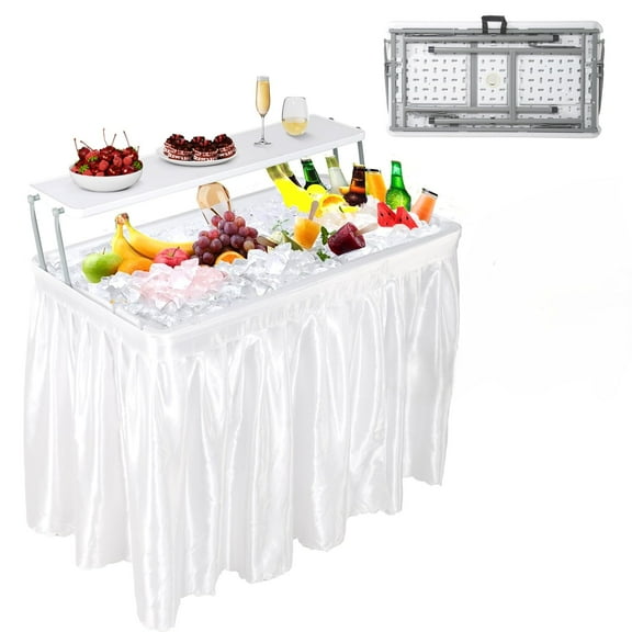 Danolapsi Outdoor Ice Cooler Folding Table with Drain,Two-Tier Ice Tables with Removable Skirt and Extra Storage Shelf,Portable Foldable Outdoor Bar,Indoor Outdoor Use for Events,Parties,Wedding