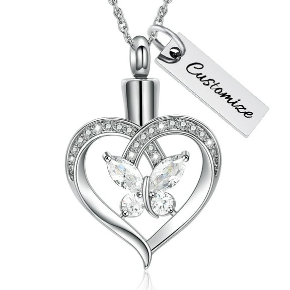 Personalized Crystal Butterfly in Heart Cremation Jewelry for Ashes Holder Urn Necklace for Ashes of Loved One Pendent for Ashes and Chain