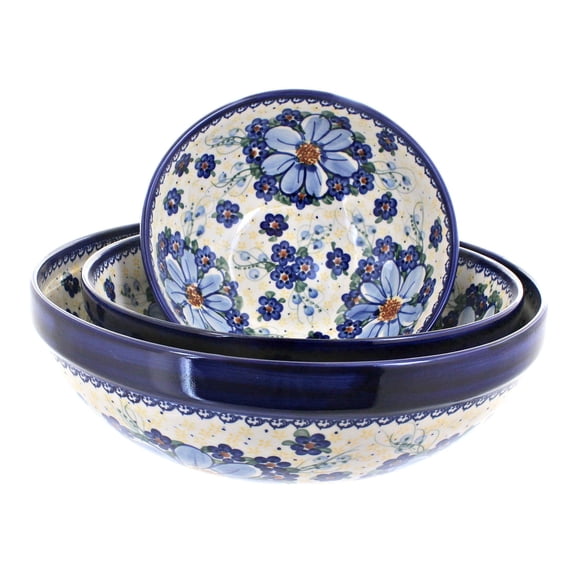 Blue Rose Polish Pottery Daisy Surprise 3 Piece Serving Bowl Set