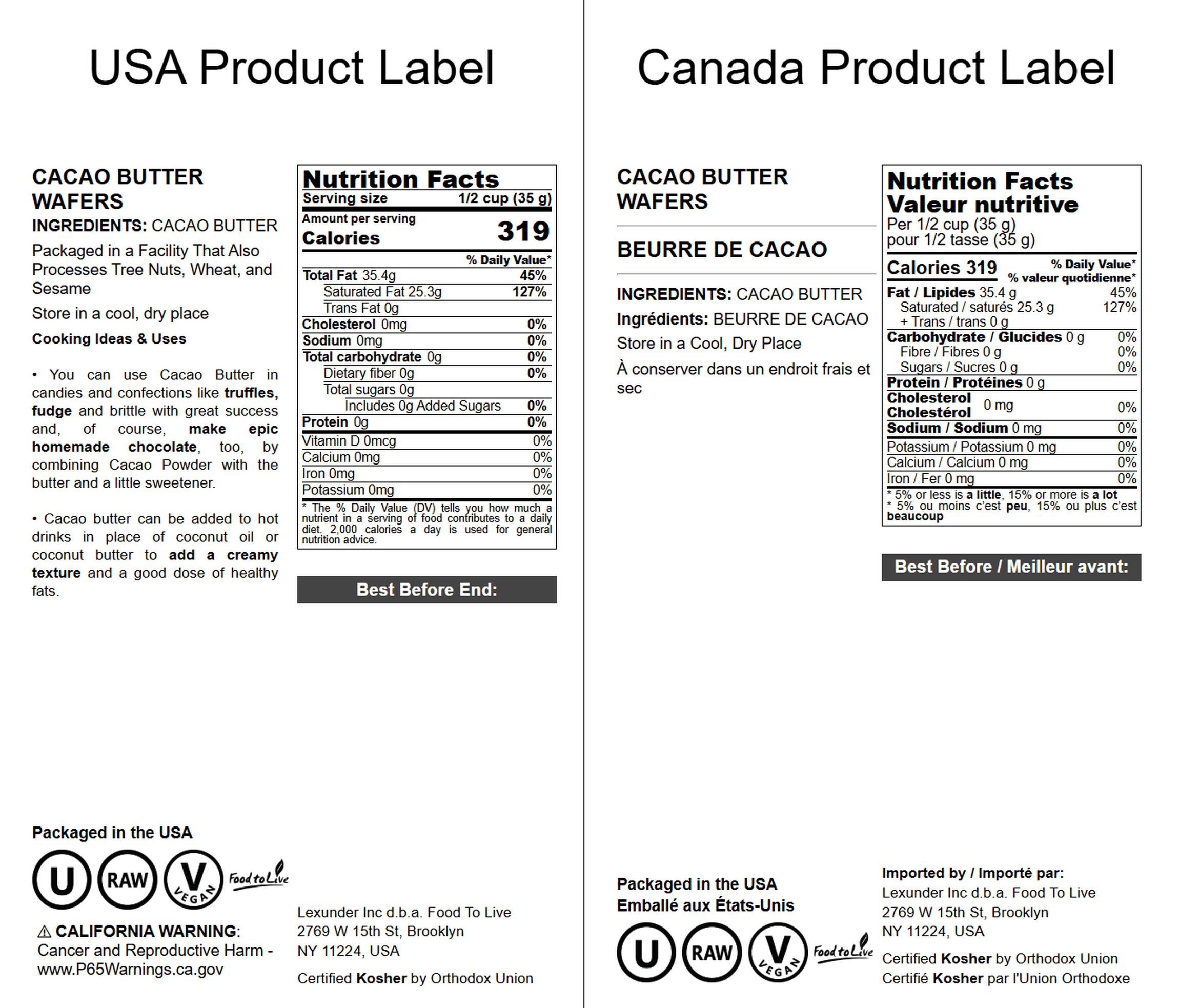 Cacao Butter Wafers, 1 Pound — Kosher, Raw, Vegan — by Food to Live