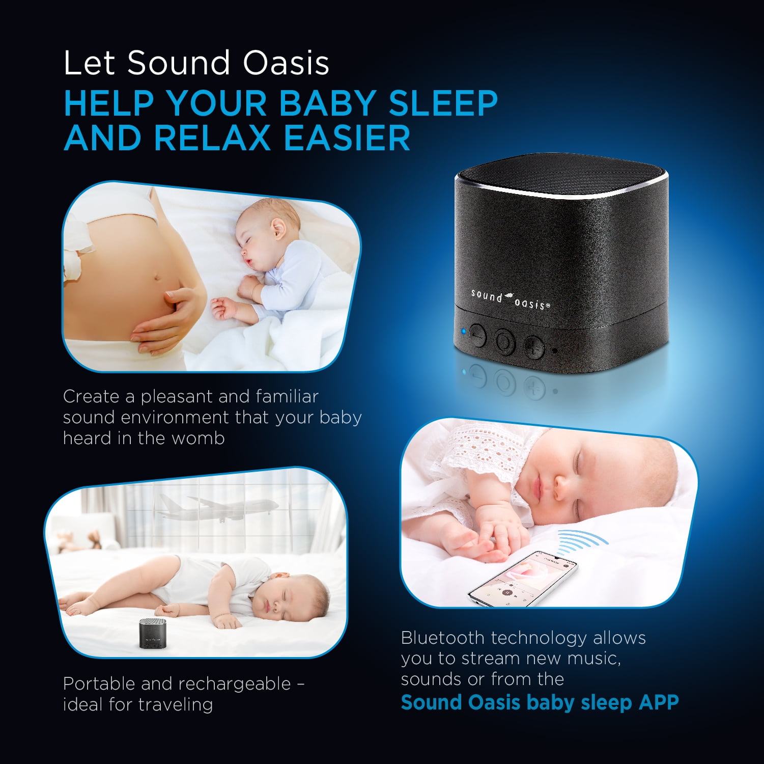 Sound Oasis Baby Sound Machine with Bluetooth - 20 Soothing Sounds, Portable, Includes New Help Booklet and Baby Sound Therapy App for Sleep and Relaxation