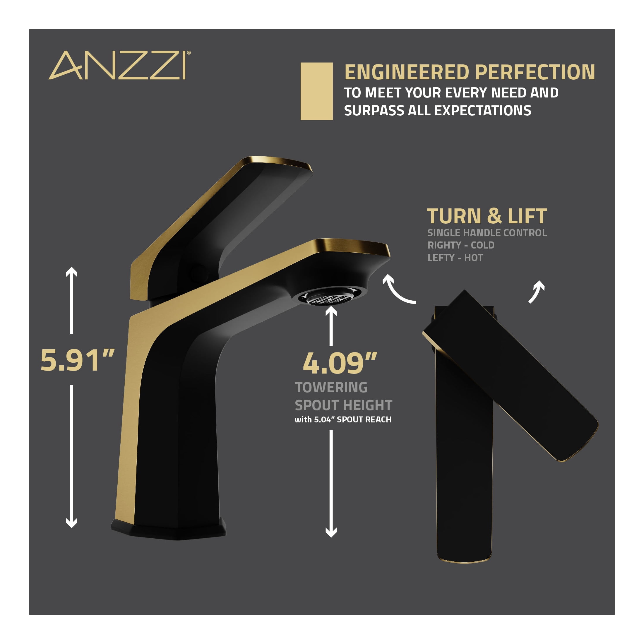 ANZZI Bathroom Faucet with Pop-Up Drain, Single-Handle Single-Hole in Matte Black / Brushed Gold