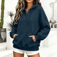 thumbnail image 2 of Feancey Women's Quarter Button Hoodie Sweatshirt Long Sleeve Drawstring Oversized Hoodies Lightweight Loose Fit Long Sleeve Hooded Pullover Tops with Kangaroo Pocket Navy L, 2 of 9