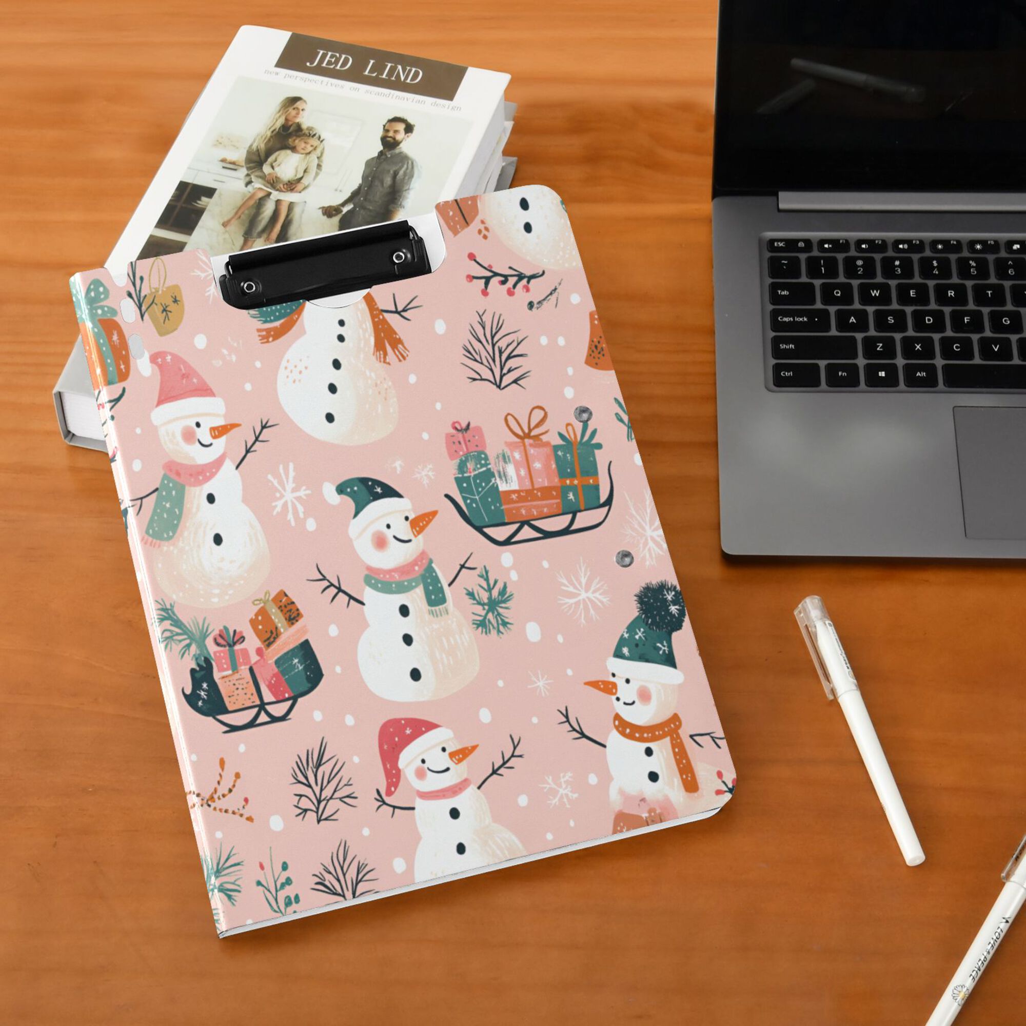 FORMRS A4 Clipboard Folder with Pen Holder Horizontal Foldable School Office Binder, Christmas Snowman