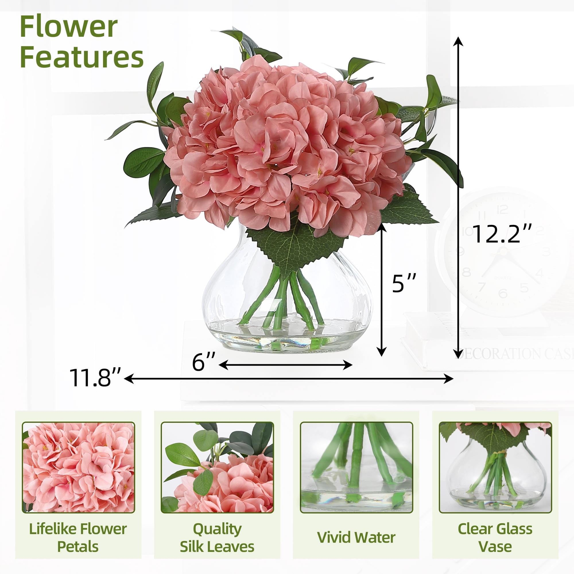 Realistic Silk Hydrangea Artificial Flowers in Glass Vase with Faux Water – Elegant Home Decor, Wedding, and Table Centerpiece Arrangement,Pink
