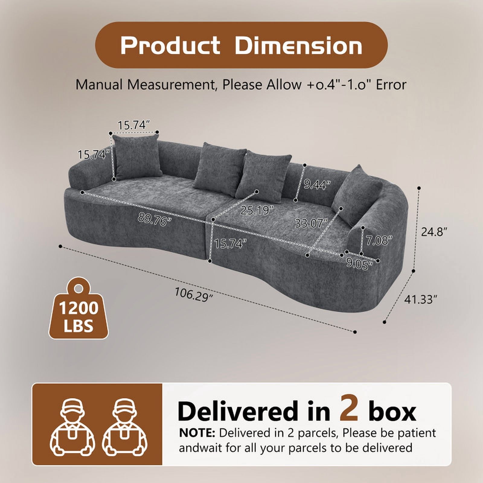 4-Seater Curved Boneless Compression Sectional Sofa, 2-Piece Modular Couch, High-Density Foam Sleeper Sofa