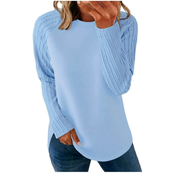 Lenpel Women's Tops Textured Long Sleeve Crew Neck Solid Color T Shirts Soft Casual Tees Loose Tunic Blouses(Sky Blue,X-Large)