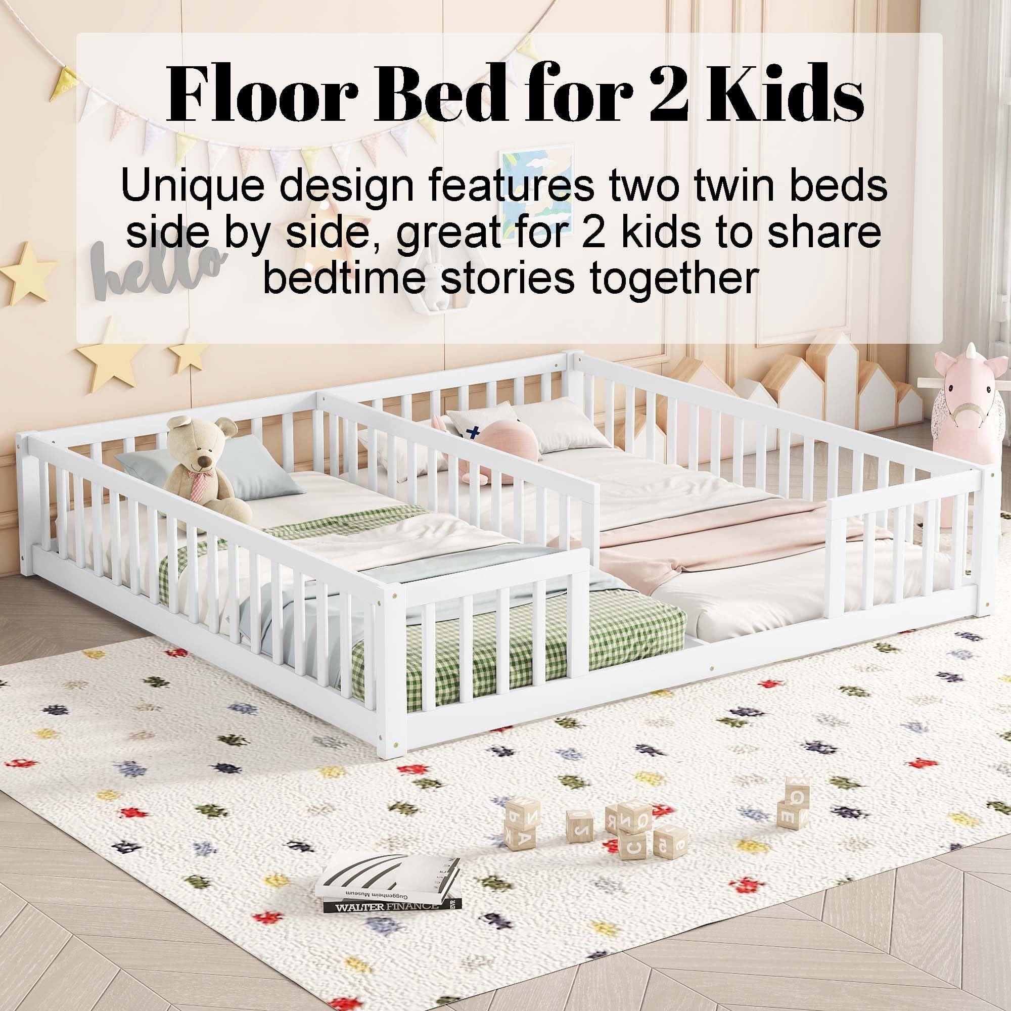 Twin Floor Bed for 2, Montessori Bed Frame with Fence, Wooden Double Floor Bed with Guardrails for Two Boys Girls, Box Spring Needed, White