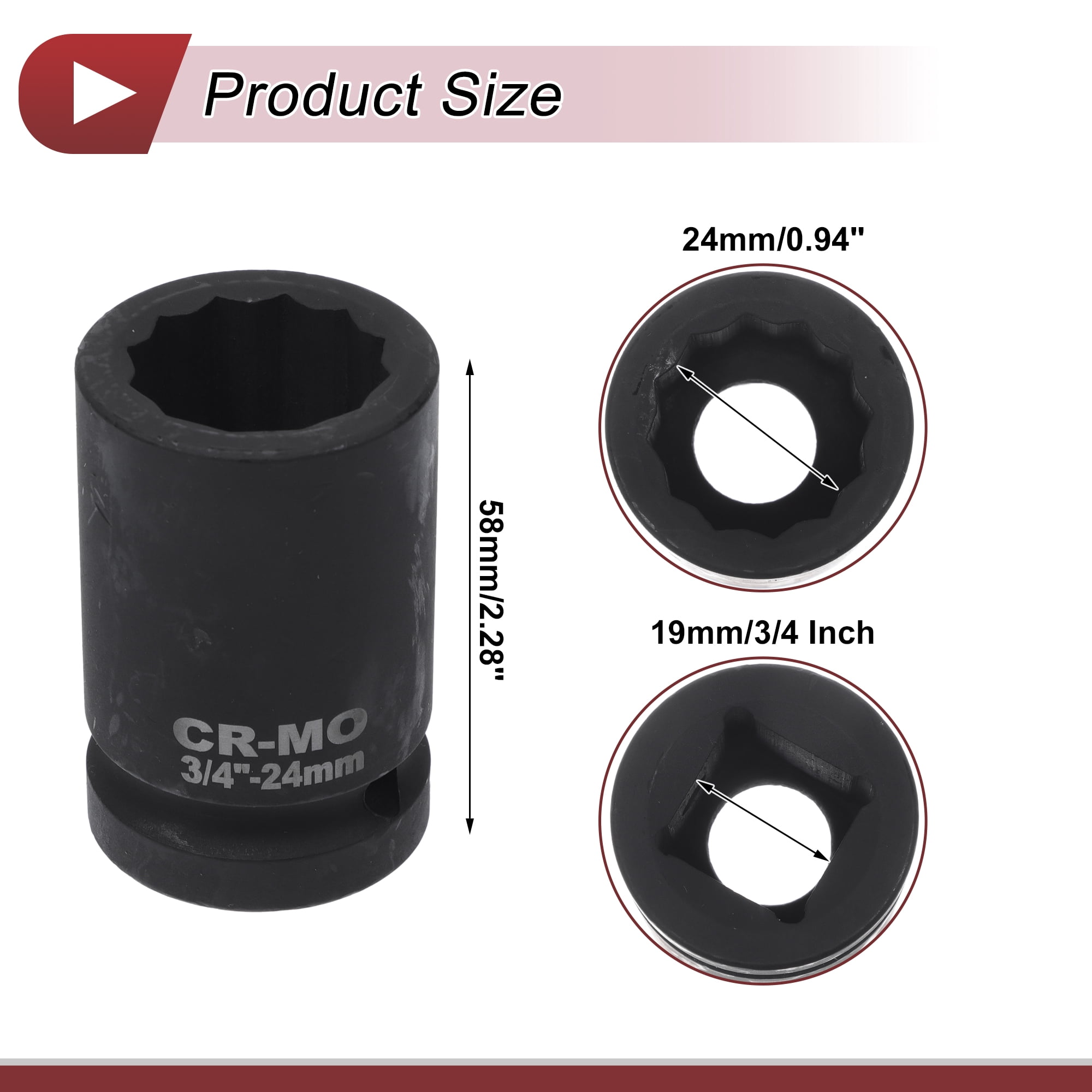 Unique Bargains 1 Pcs Impact Socket Tool 58mm Black High Carbon Steel 12 Point 24mm
