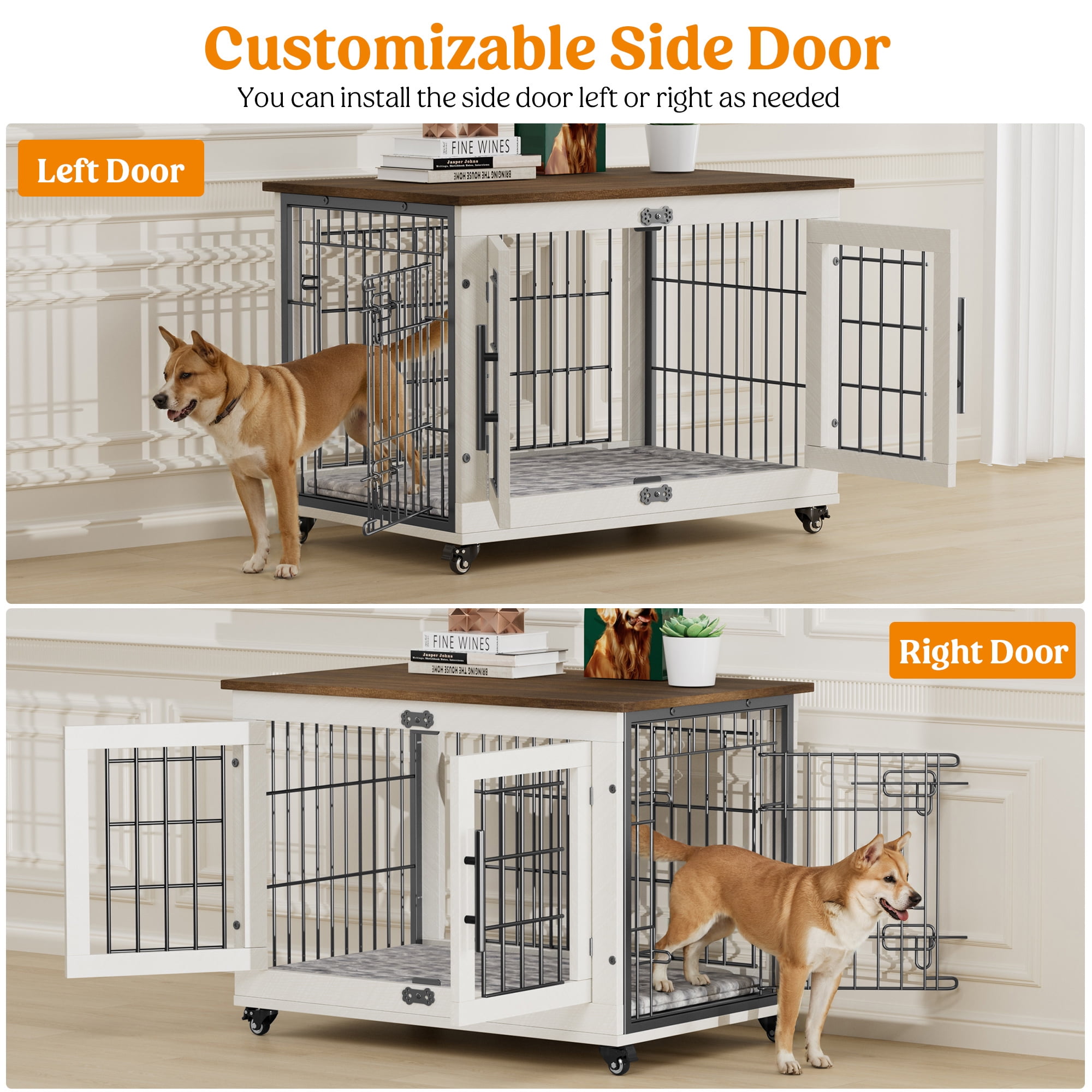 Aufeile Dog Crate Furniture with Wheels, 32 in Wooden End Table Dog Cage with 2 Doors and Removable Cushion, Indoor Pet Kennel for Medium Breeds, White
