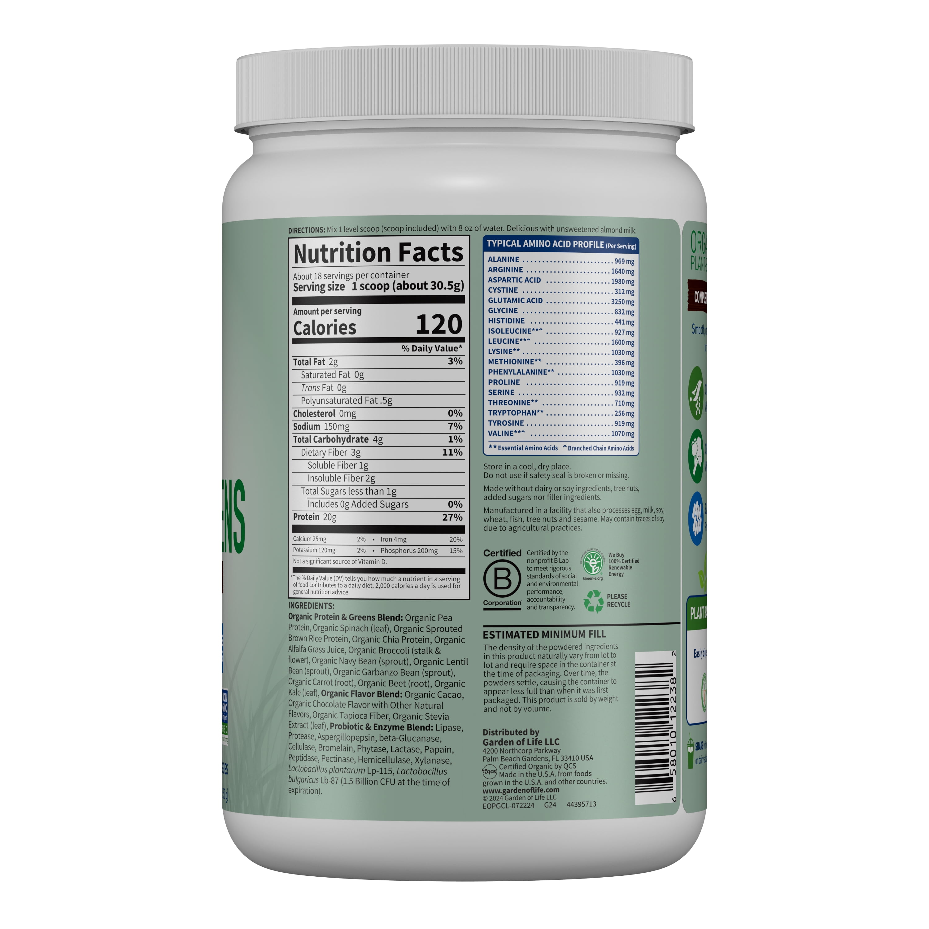 Garden of Life Organic Protein & Greens Protein Powder 20g Protein - Chocolate 18 Servings