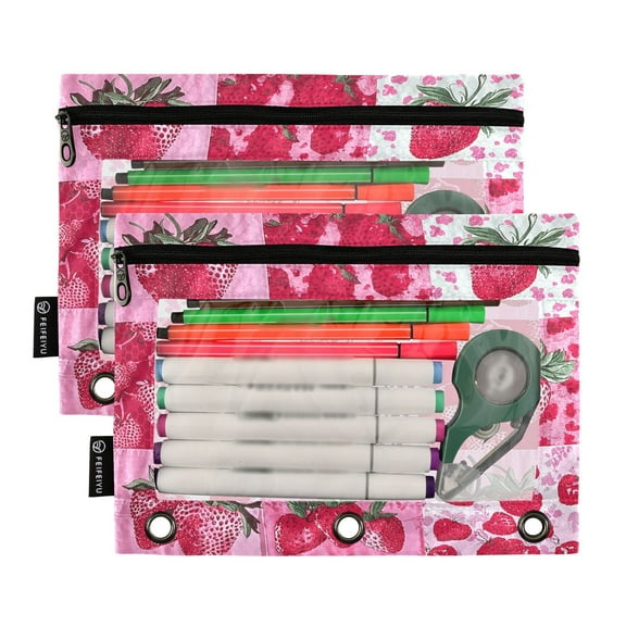 Ckdifva Pink Cheetah Strawberries Pencil Pouch 3 Ring Zipper Pencil Case Binder Pockets Clear Top Cosmetic Bag 2 Pack