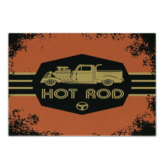 Retro Cutting Board, Hot Rod Grunge Poster Design Custom Truck Americana Vintage Engine, Decorative Tempered Glass Cutting and Serving Board, Small Size, Orange Black Sand Brown, by Ambesonne