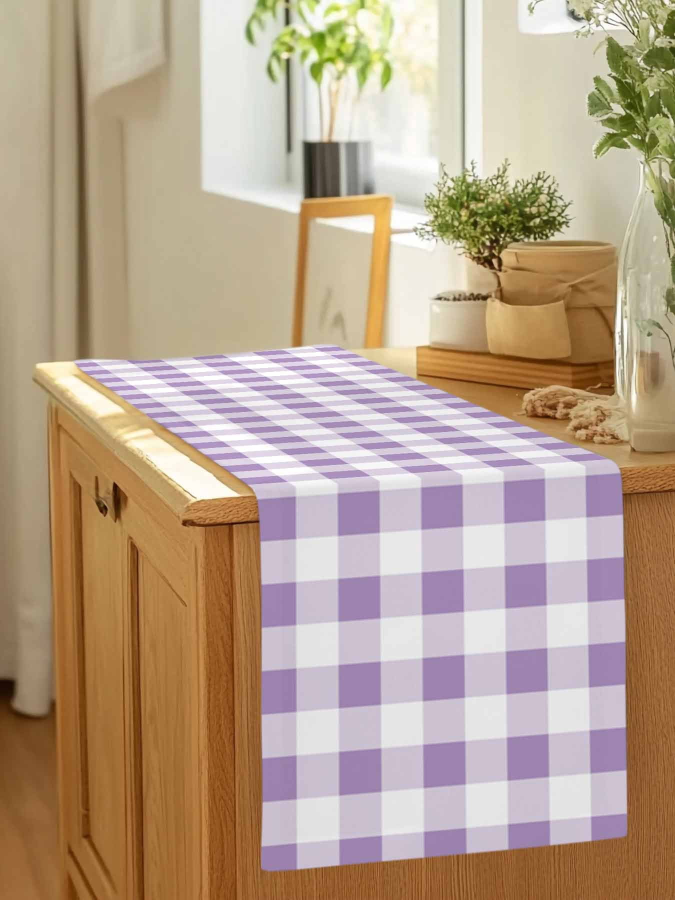 Farmhouse Buffalo Tartan Plaid Table Runner 90 Inches Long, Purple and White Table Runners Tabletop Scarf Kitchen Dining Tables Decoration for Home Party Indoor Outdoor