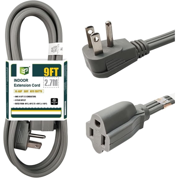 EP 9 Ft Heavy Duty Appliance Extension Cord - 14 Gauge 3 Prong Grounded Cable Wire, Ideal for Air Conditioners, Refrigerators, Microwaves, Washing Machines & More - Indoor Use, Gray