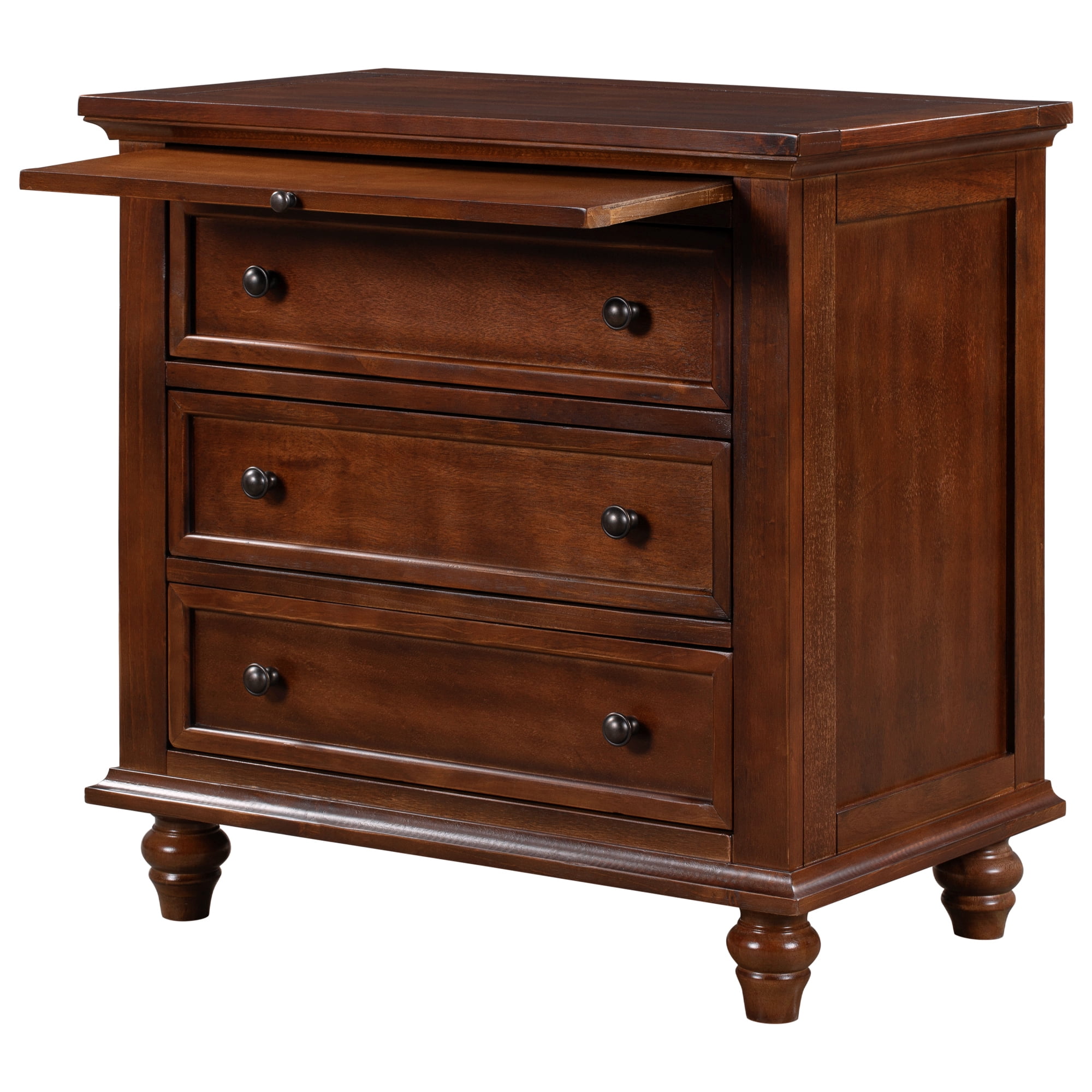 EUROCO Storage Wood Bedside Cabinet，Dresser End Table with Pull out Tray，Bedside Table with 3 Drawers,Rubber Wood Legs，Iron Handle and Solid Frame for Living Room Bedroom Entryway,Brown