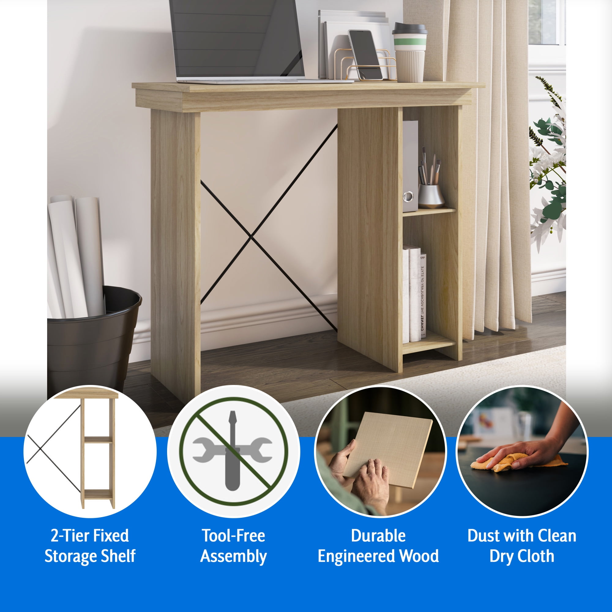 Mainstays Ardent No Tools Small Space Writing Desk, Euro Oak