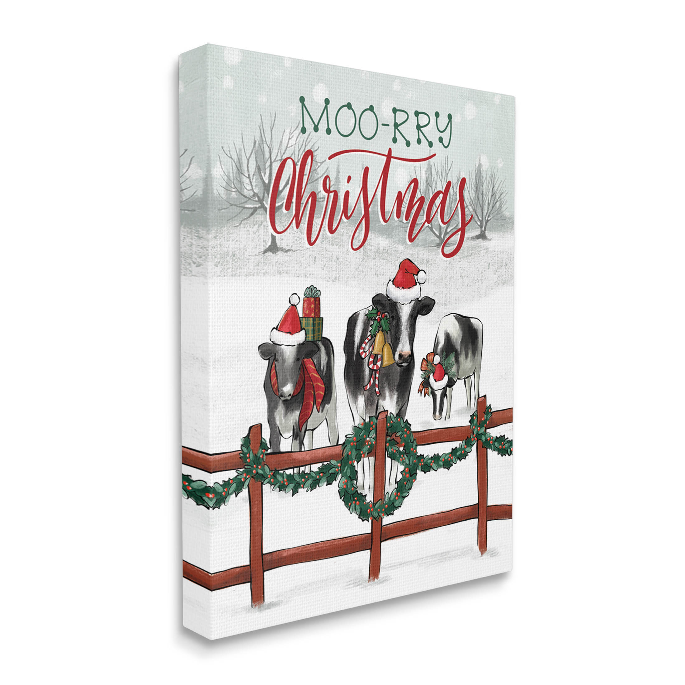 Moo-rry Christmas Holiday Snowy Cows Holiday Graphic Art Gallery Wrapped Canvas Print Wall Art