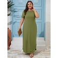 thumbnail image 3 of SHOWMALL Women's Plus Size Short Sleeve Maxi Dress, Army Green 2X Side Slit Rounded Hem Long T-Shirt Dress with Pockets for Vacation & Casual Wear, 3 of 6