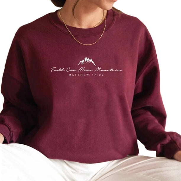 Camisa de Larga para Mujer con Versículo Bíblico, Sudadera con Estampado " Puede Mover Montañas", Top Informal. Rojo Vino L