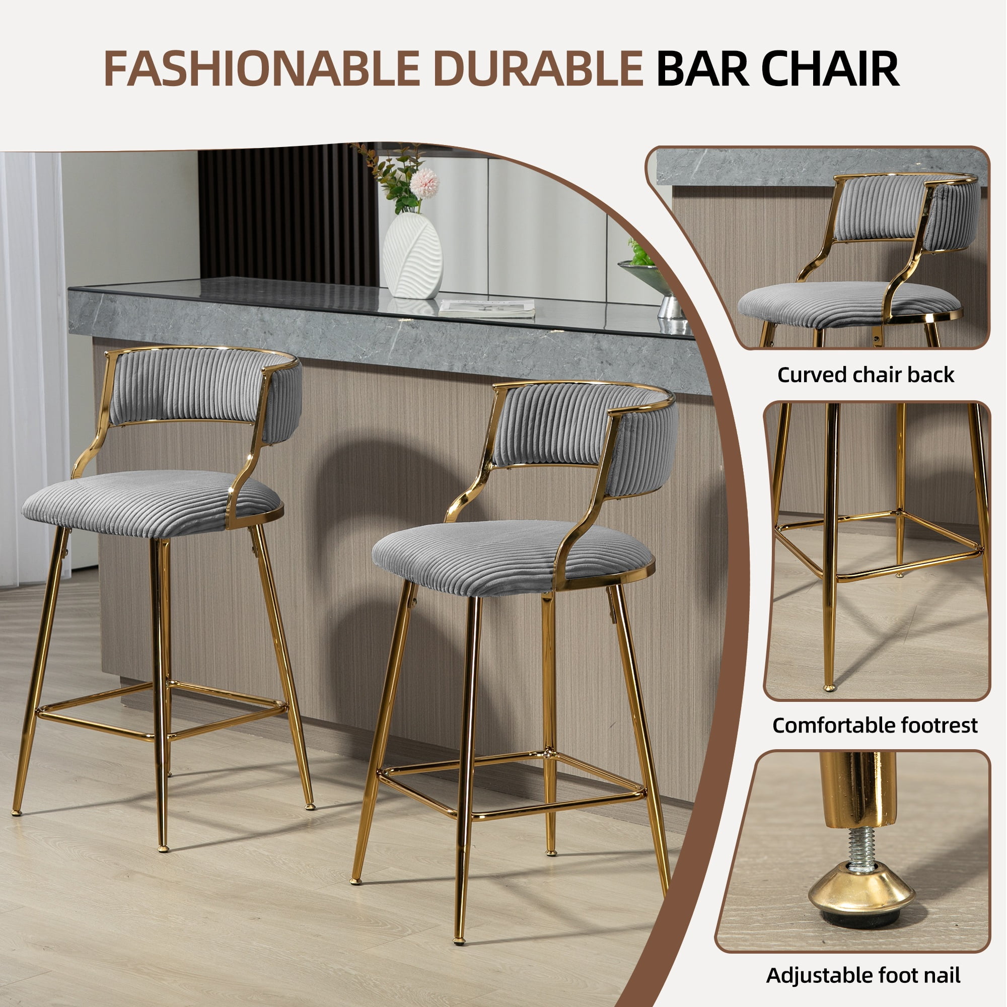 Peispie 25" Counter Height Bar Stools Set of 4, Modern Corduroy Barstools with Low Back and Gold Metal Legs, Padded Kitchen Island Chairs with Footrest for Home Bar, Grey