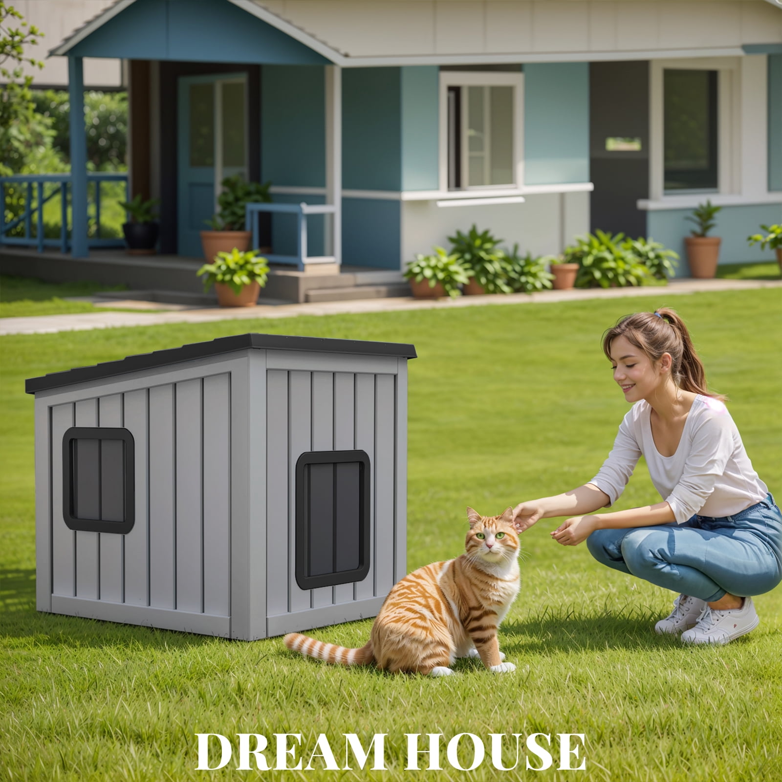 EasyUp Outdoor Cat House,Waterproof Resin Cat Houses for Feral Cats,Robust and Easy to Assemble,Feral Cat Shelter for Winter,Suitable for Cats, Rabbits and Other Small Animals