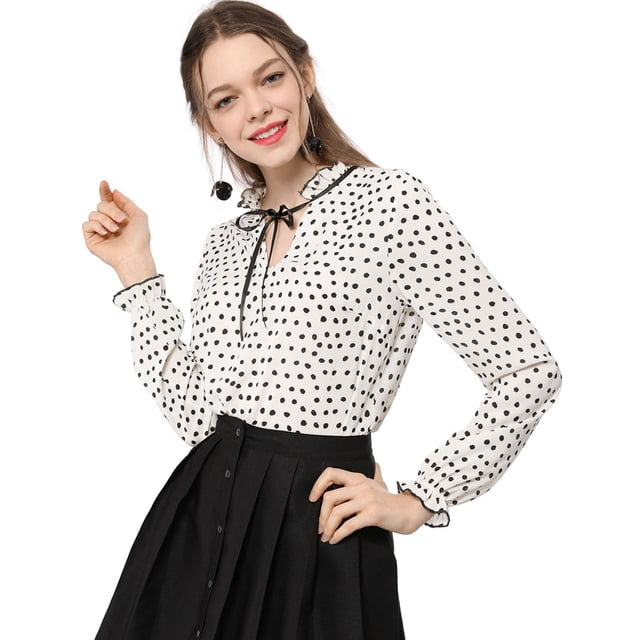 Blusa Allegra K con cuello con volantes y lazo Lunares blancos XS