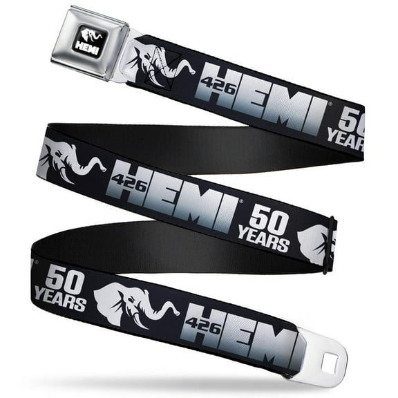 Hemi Belt, Seatbelt Buckle Belt, Hemi 426 Elephant Logo 50 Years Black White Silver Fade, 30 to 44 Inches