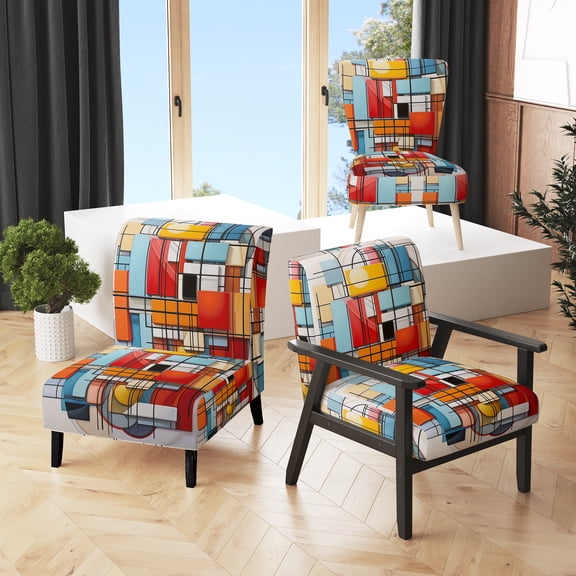 Designart "Abstract Geometric Composition I" Multi-Color Abstract Spirals Upholstered Accent Chair - Modern Arm Chair For Bedroom