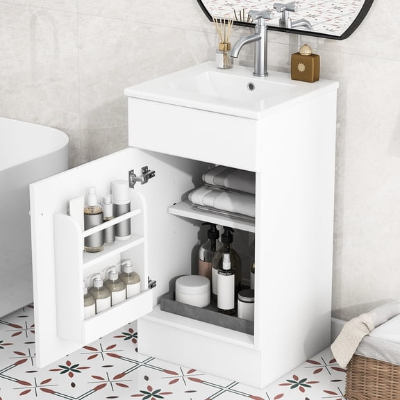 18" White Bathroom Vanity with Sink, Water-proof Ceramic / Soft Closing, Door Shelf