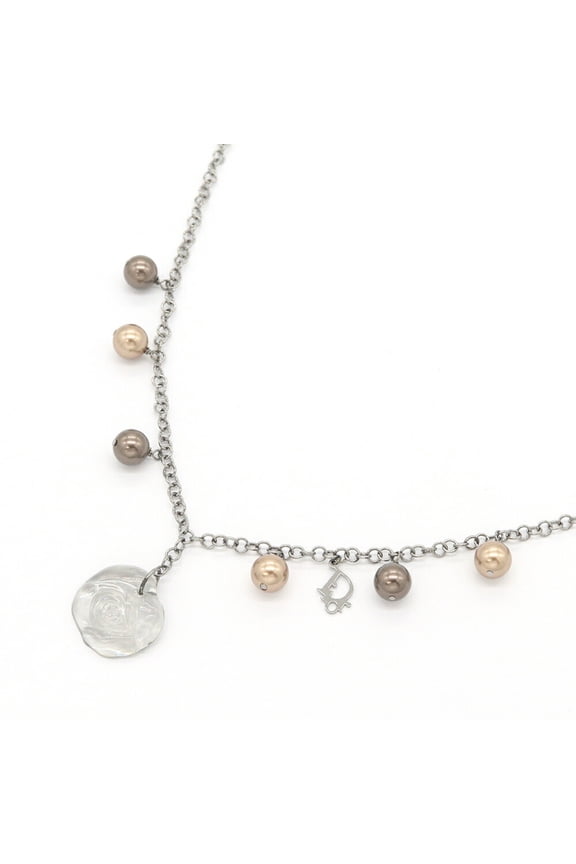 Pre-Owned Christian Dior Dior Necklace D21968 Clear Crystal Brown Faux Pearl Metal Rose Choker...