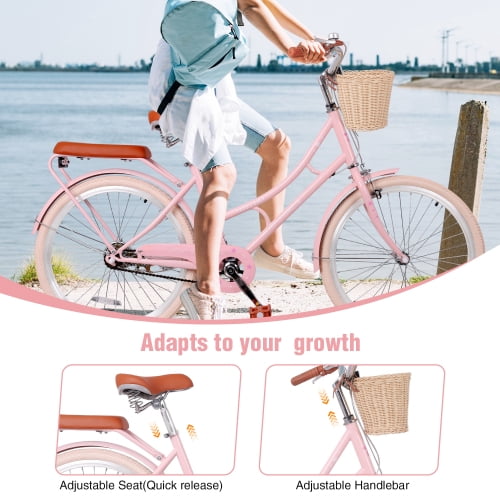 RAISTYW 22 Inch Beach Cruiser Bike for Girls, Commuter Bicycle with Front Basket , High Carbon Steel Frame, Comfortable City Bike for Outdoor Riding Pink