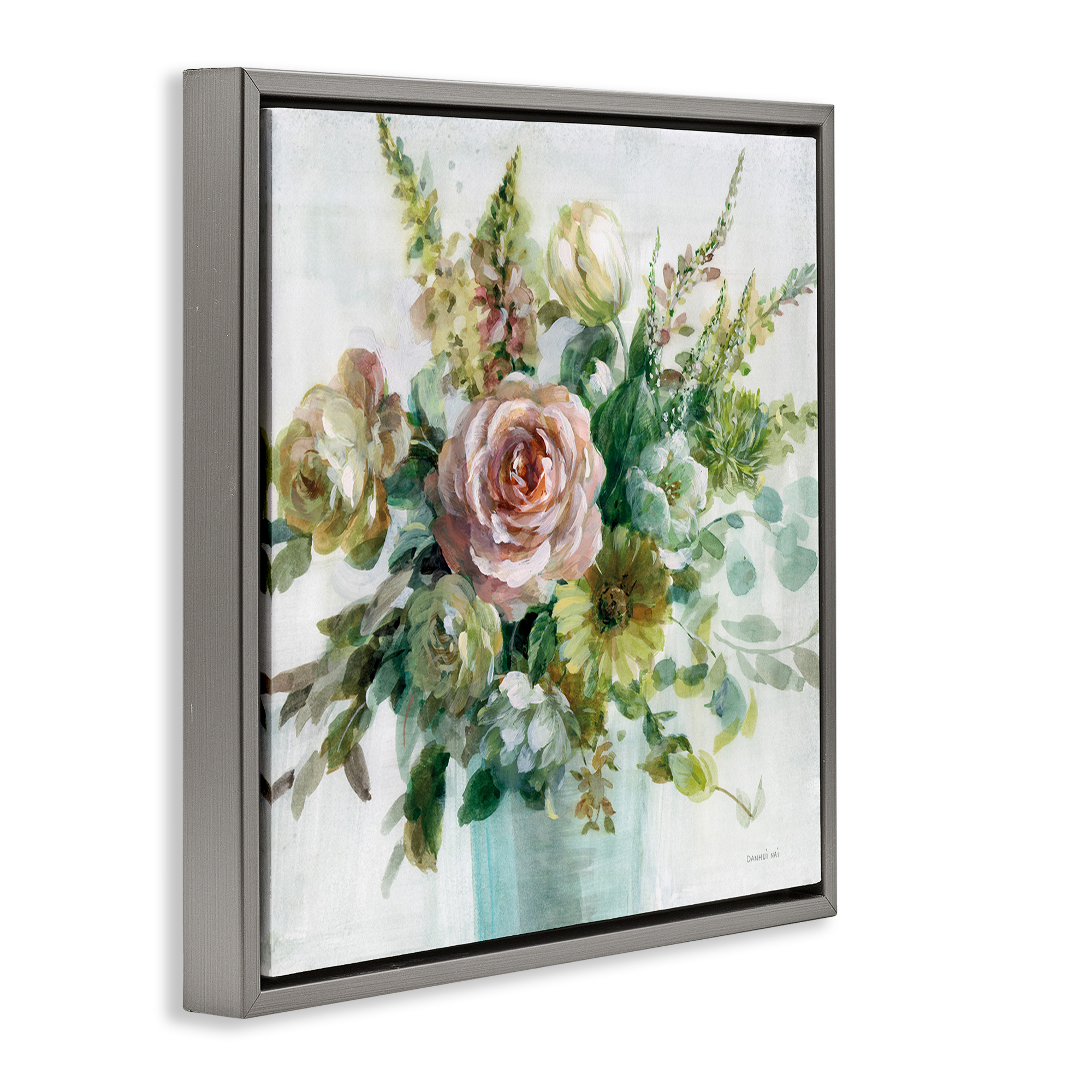 Stupell Industries Sage & Peach Flowers Botanical & Floral Painting Gray Floater Framed Art Print Wall Art, 18 x 18
