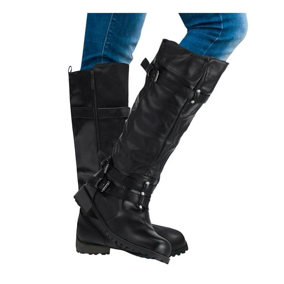 Mepaouo Women's Knee High Boots Round Toe Buckle Slouched Motor Riding Combat Boot with Side Zipper