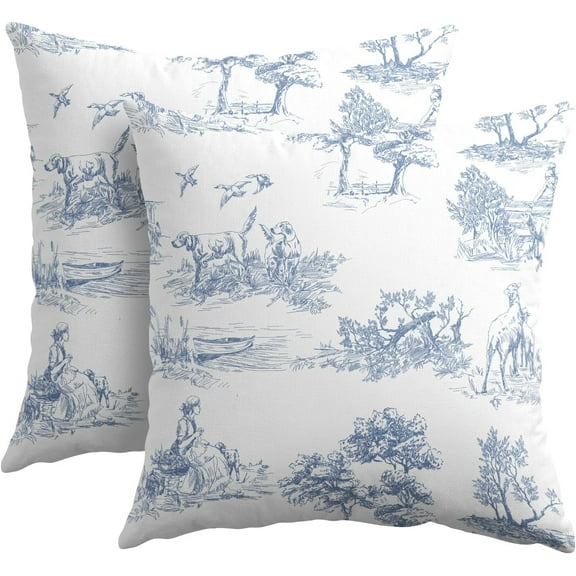 French Country Pillow Covers 18x18 Inch Set of 2 Blue and White Printed Vintage Toile Cottage Decorative Throw Pillows Rustic Farmhouse Pillow Cases Cotton Linen Cushion Covers for Couch Home Decor